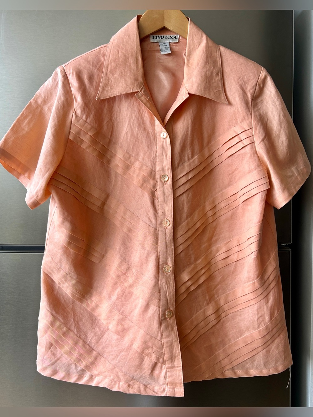 Lino USA 100% Linen Button Up Blouse Peach Pintuck Shirt Medium